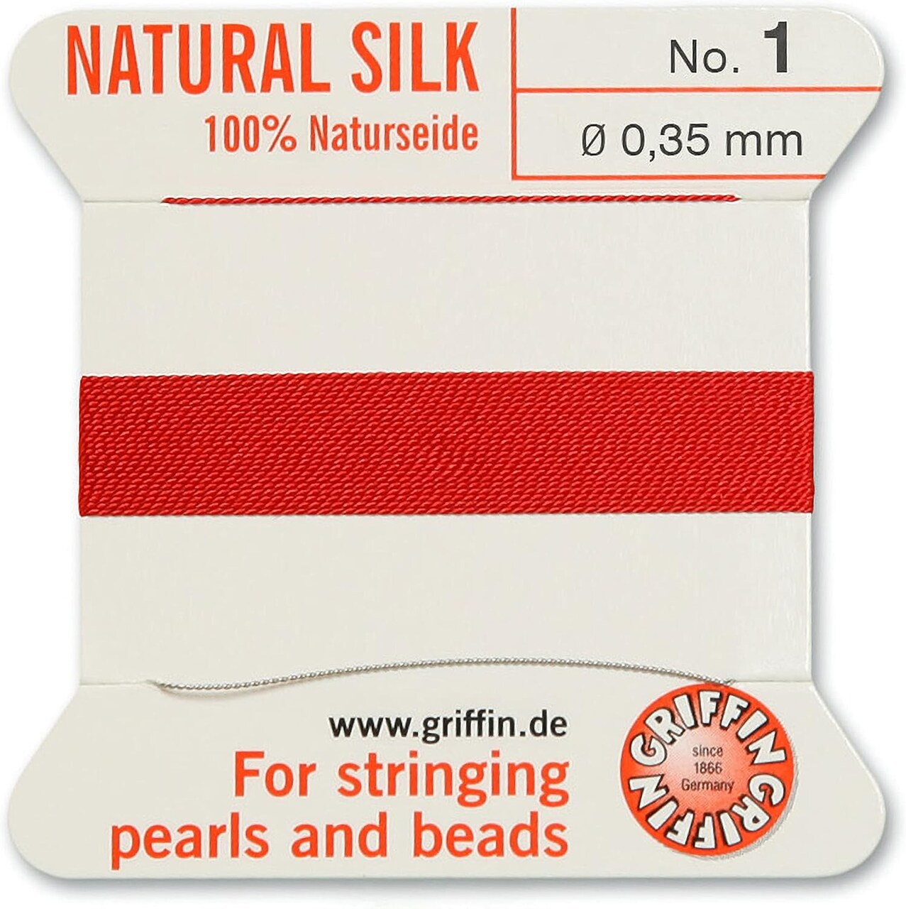 Griffin Silk Bead Cord Perlseide – Size 1 (0.35mm) – 2 Meters per Card – Stainless Steel Needle Attached – for Knotting Pearls, Gemstones, Crystals and Beads